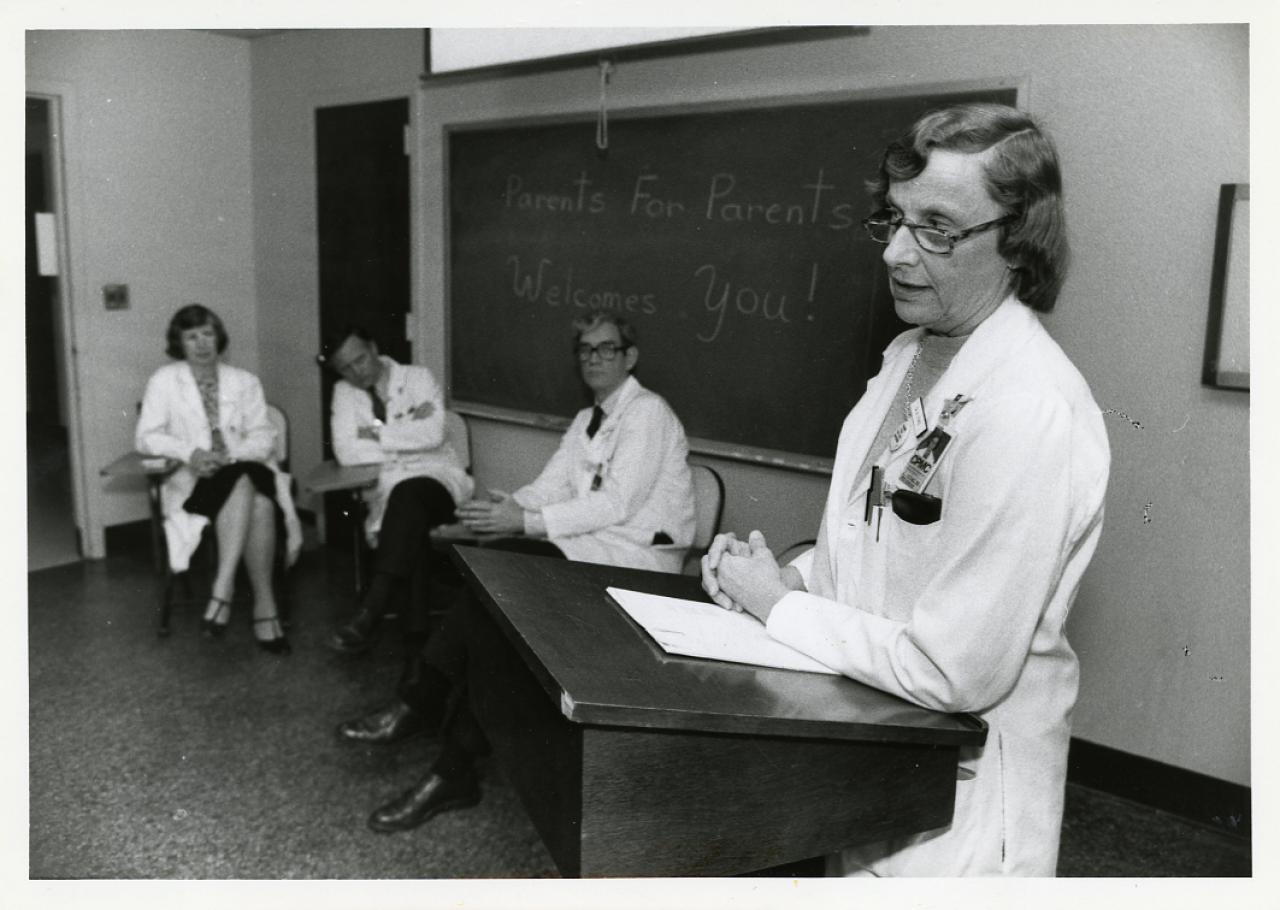 Photo of Dr. Anneliese Sitarz giving a talk in a classroom