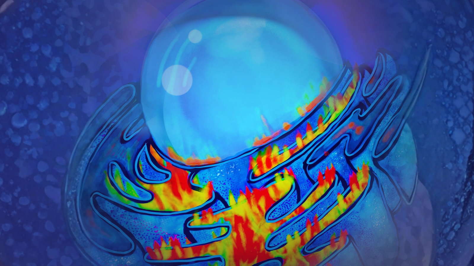 Illustration of the endoplasmic reticulum of a cell undergoing ferroptosis. Ilustration by Nicoletta Barolini.