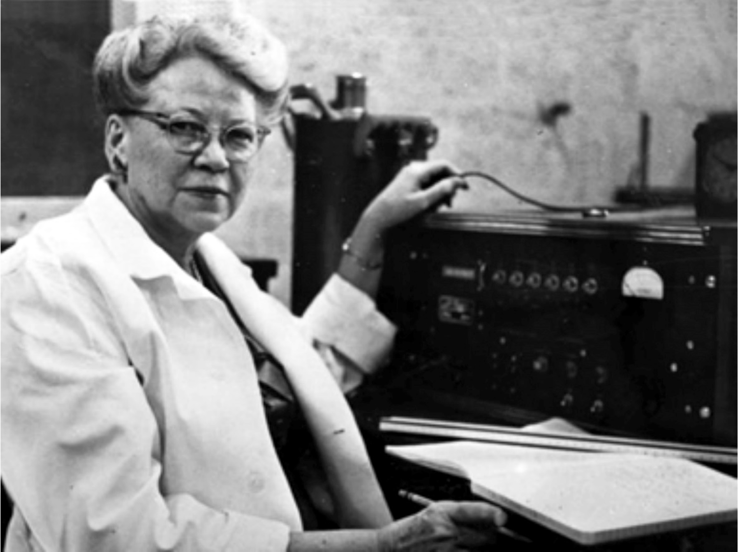 Edith Quimby, ScD, pioneer in the therapeutic use of X-rays and radium Black and white photo of Dr. Edith Quimby with equipment in lab
