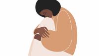 Illustration of woman hugging herself for comfort.