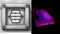 Illustration of microfluidic device next to image of fluorescence data analysis
