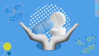 Pills between two hands in a blue background.