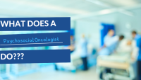 A hospital background with the words 'what does a psychosocial oncologist do?' on blue banners in the foreground.