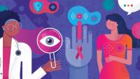Graphically designed image of a healthcare professional with a breast cancer patient. The image is alluding to breast cancer detection.