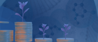 Coins depicting seed funding with blue background and scientific molecules