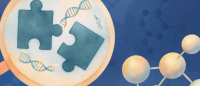 Abstract depiction of cancer biomarkers shown through a magnifying glass zooming in on DNA