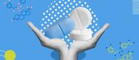 Pills between two hands in a blue background.
